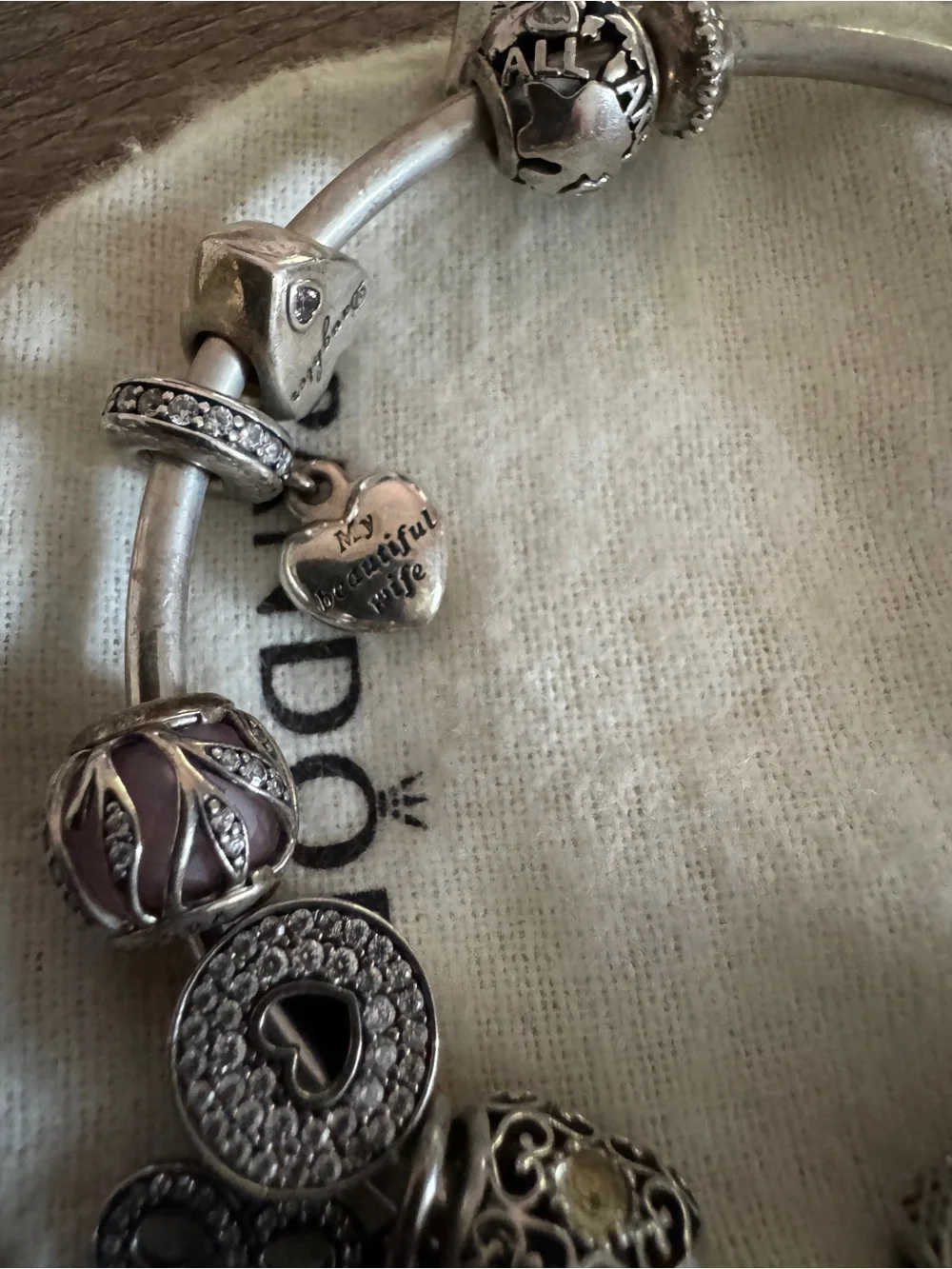 Pandora Silver Charm Bracelet with Heart, Infinity and Travel Charms